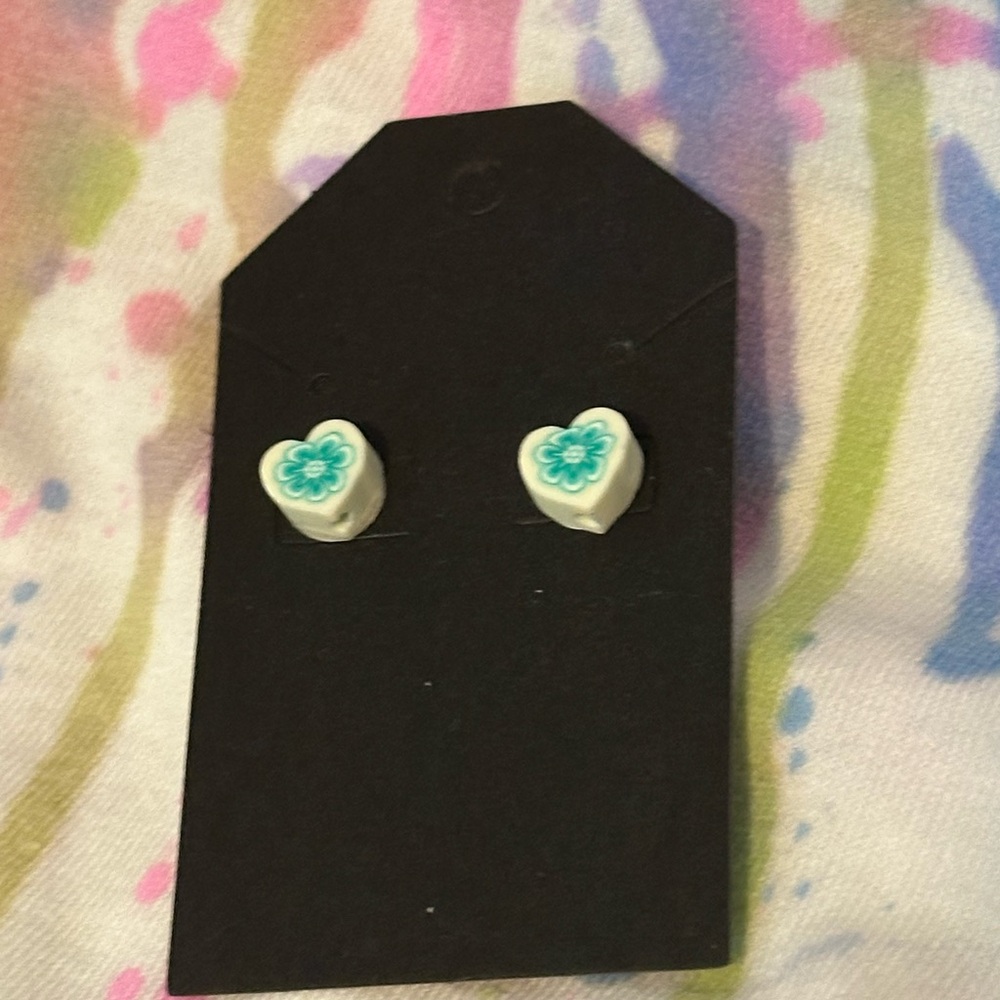 Heart Shaped Earrings with Teal Flower